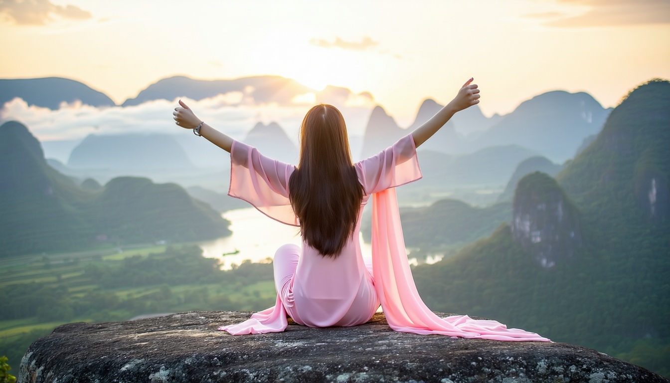 Generate an image of a young Vietnamese tan woman sitting on a large flat rock in a mountain landscape at sunset She is wearing a light pink dress and has long flowing hair Only show her from the backMake her take only 5 of the size of the whole phot